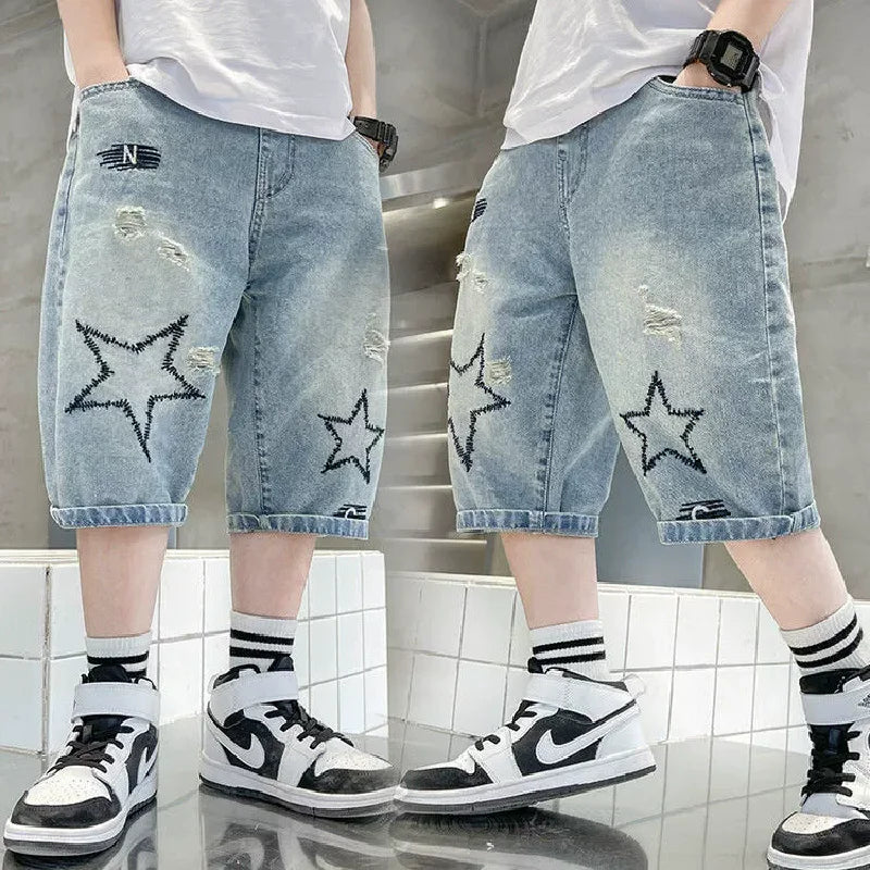 Boys Straight Denim Shorts Summer Children Casual Wide-leg Knee Length Pants Teenage Jean Short Trousers Kids Clothing 5-14 Year