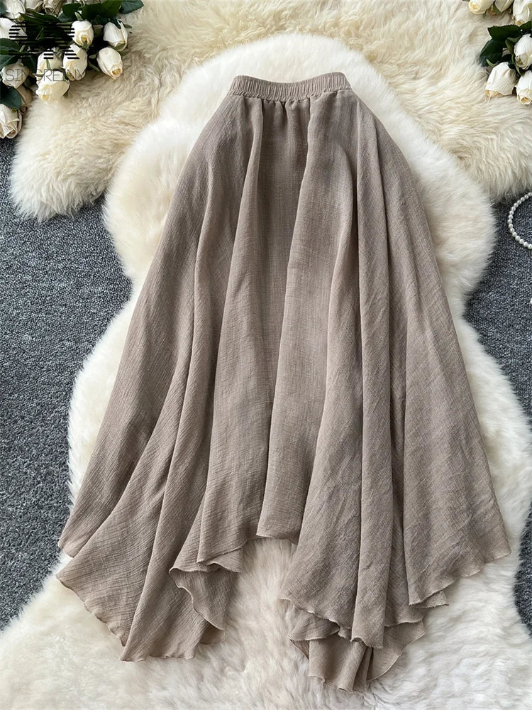 SINGREINY Summer Gentle Skirt Women Irregular Temperament Elastic Waist Ladies Fashion A Line Classic Versatile Senior Skirts