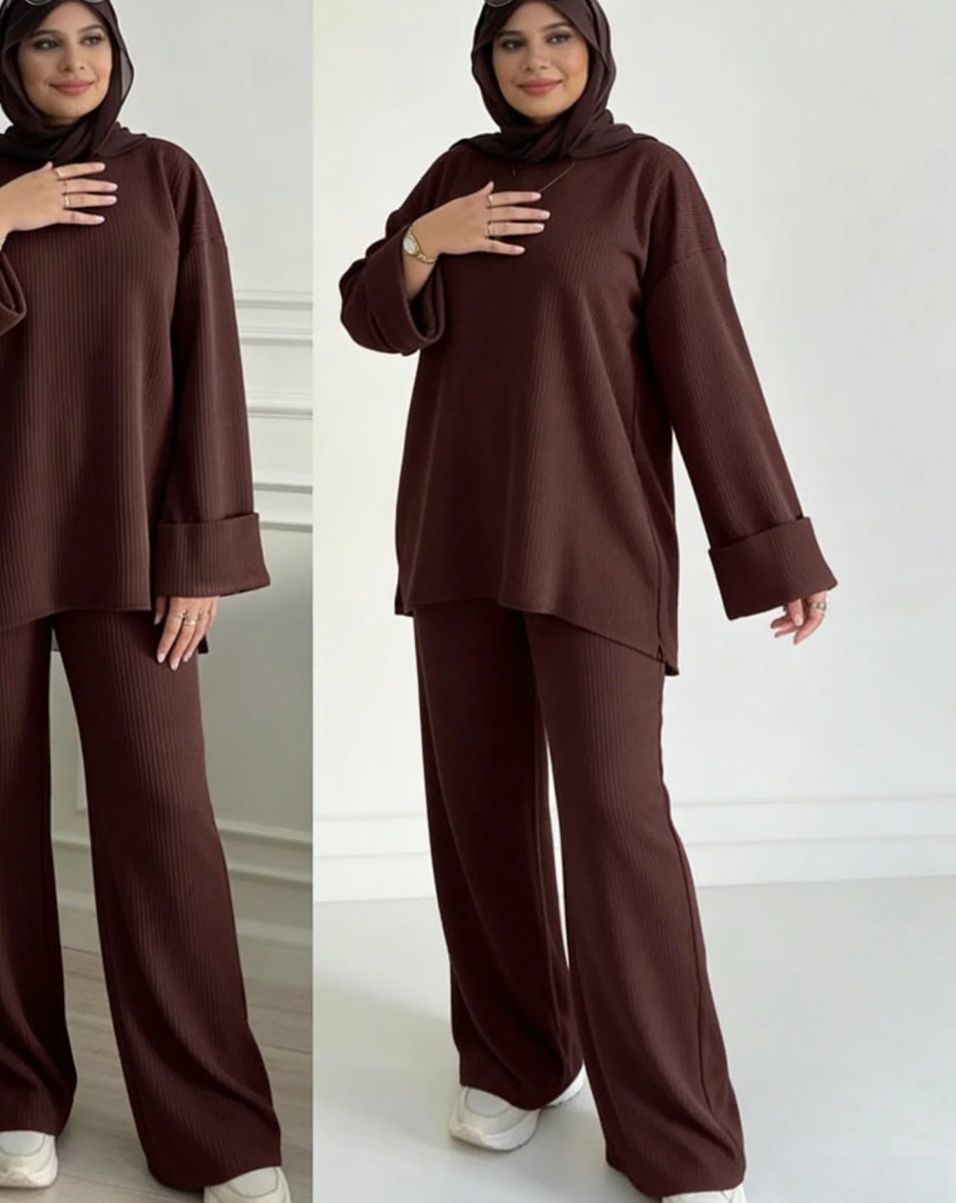 Modest Clothing Women Brown Loose Fit Tunic Top and Pants Set Vertical Stripe Knitted Suit Muslim Fashion