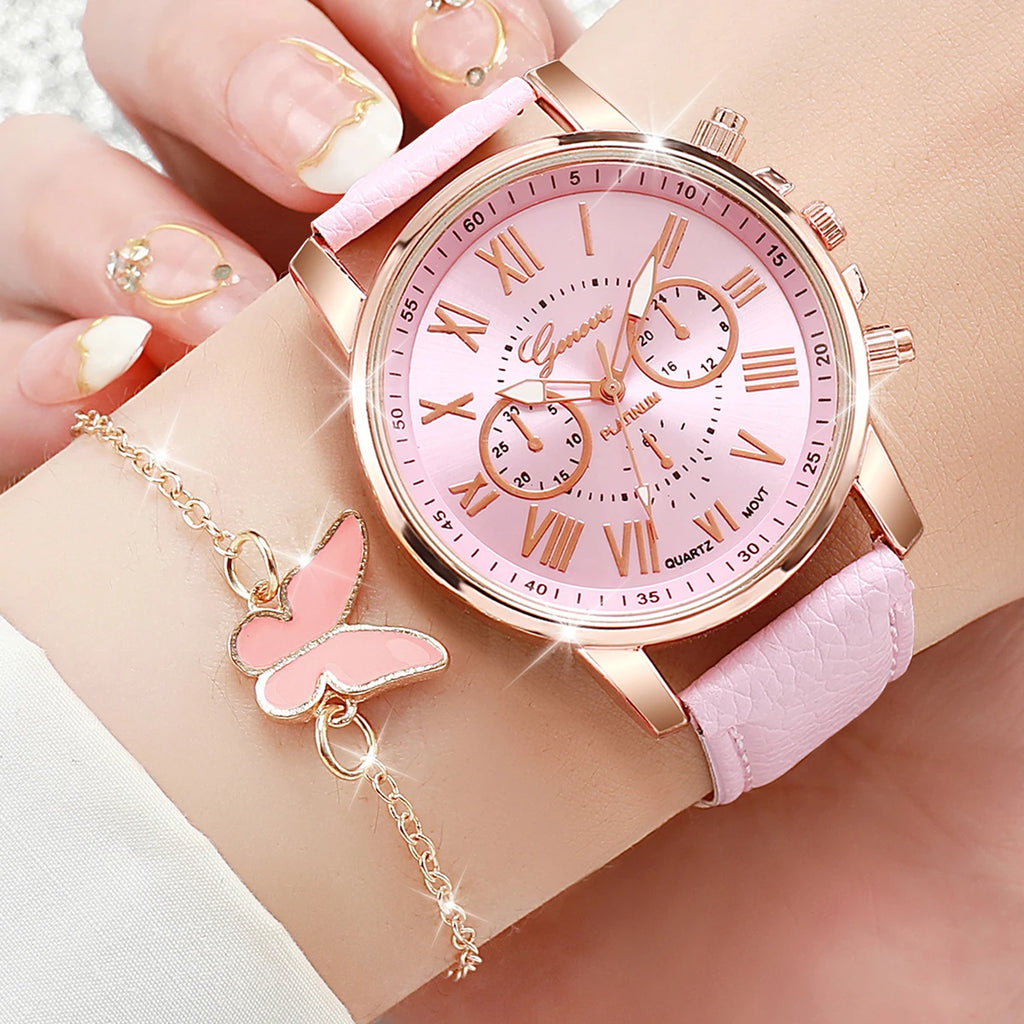 6PCS/Set Fashion Women Watches Simple Roma Dial Leather Band Ladies Quartz Watch Relogio Feminino Jewelry Set（Without Box）