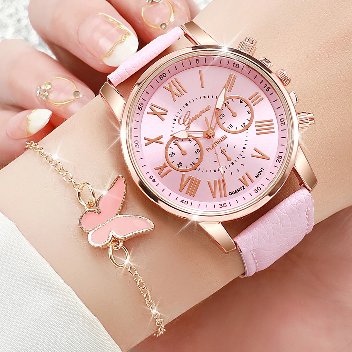 6PCS/Set Fashion Women Watches Simple Roma Dial Leather Band Ladies Quartz Watch Relogio Feminino Jewelry Set（Without Box）