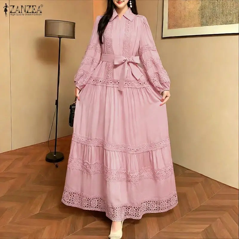 ZANZEA Fashion Women Dress Lace Patchwork A-line Long Maxi Dresses Solid Streetwear Belt Vestidos Turn-down Collar OL Sundress