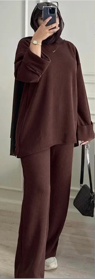 Modest Clothing Women Brown Loose Fit Tunic Top and Pants Set Vertical Stripe Knitted Suit Muslim Fashion
