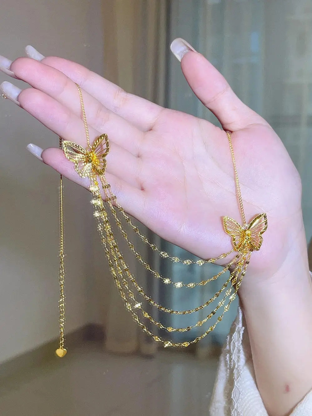 24K real gold hollow butterfly lace tassel necklace for women 9999 light luxury niche fashion high-end collarbone chain