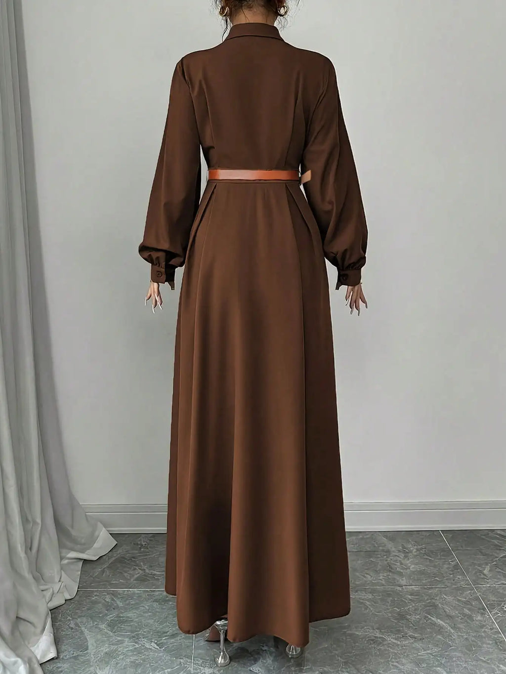 Women's Elegant Long Lantern Sleeve Office Dress Fashion Pleated A-Line Maxi Dresses Autumn 2025 Casual Long Shirt Vestidos