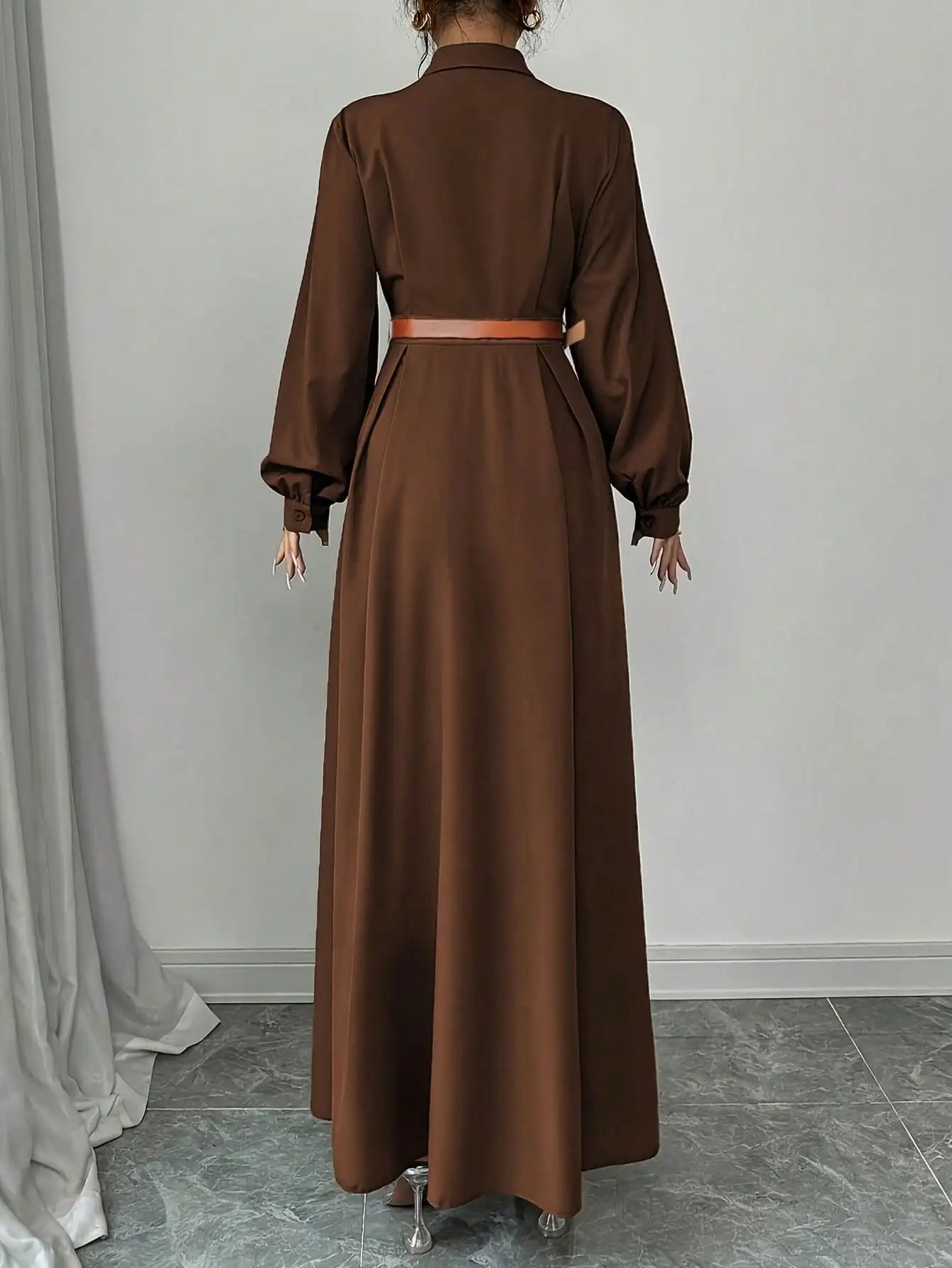 Women's Elegant Long Lantern Sleeve Office Dress Fashion Pleated A-Line Maxi Dresses Autumn 2025 Casual Long Shirt Vestidos