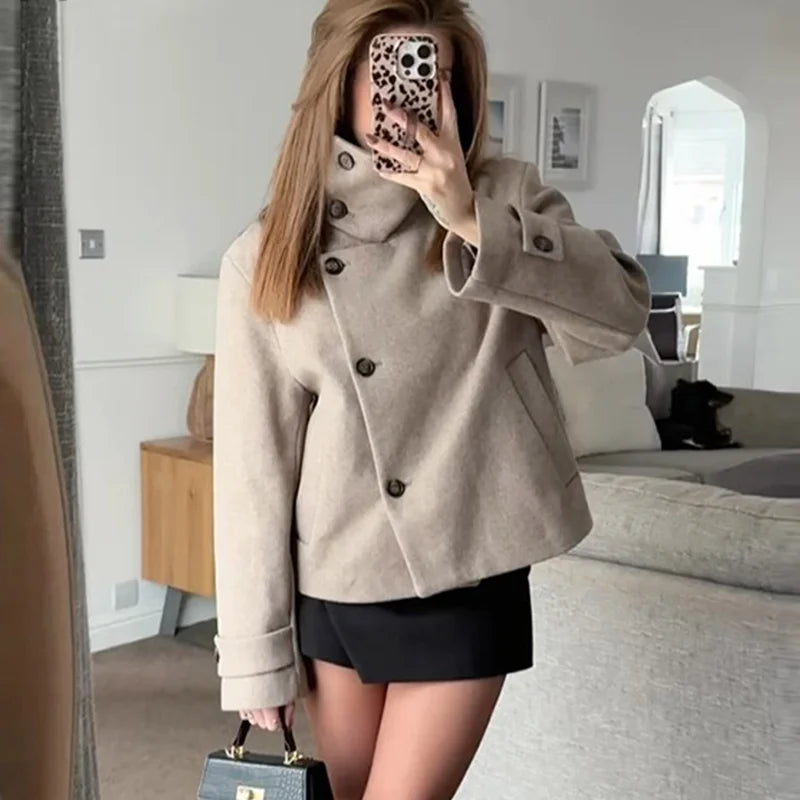 Women's Autumn Winter Stand Collar Woolen Jackets Spring Female Single Breasted Loose Long Sleeve Coats Lady Elegant Short Outwe