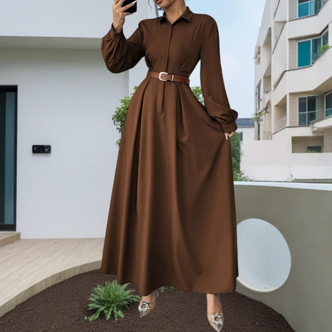 Women's Elegant Long Lantern Sleeve Office Dress Fashion Pleated A-Line Maxi Dresses Autumn 2025 Casual Long Shirt Vestidos