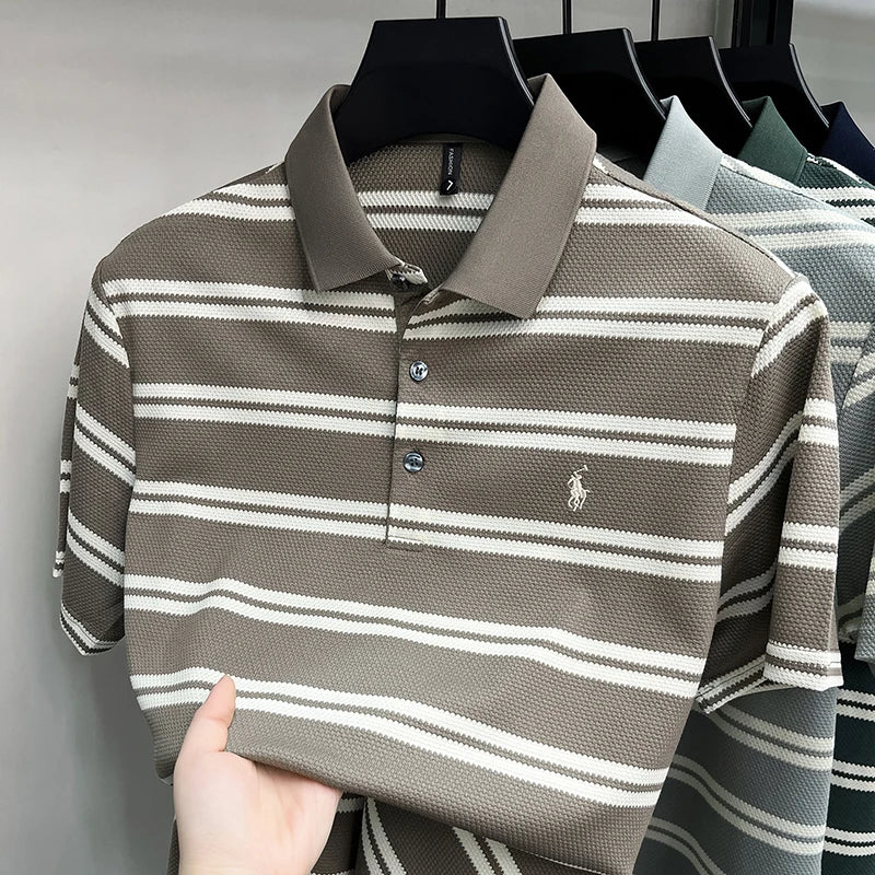 High End Luxury Men's Pure Cotton Short Sleeved Polo Shirt Summer New Embroidered Striped T-shirt Business Casual Breathable Top