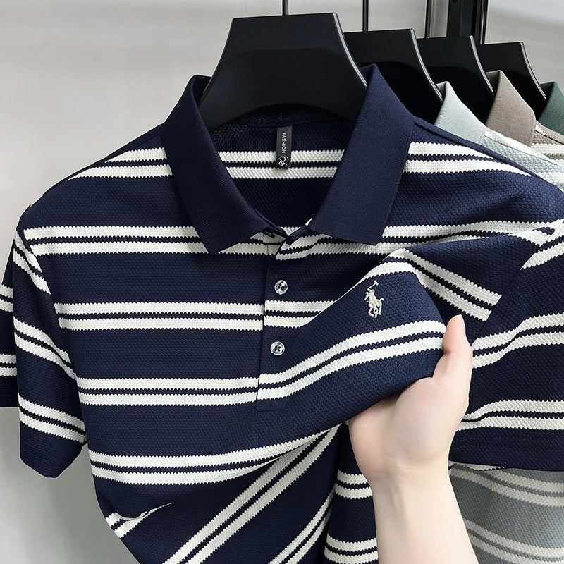 High End Luxury Men's Pure Cotton Short Sleeved Polo Shirt Summer New Embroidered Striped T-shirt Business Casual Breathable Top
