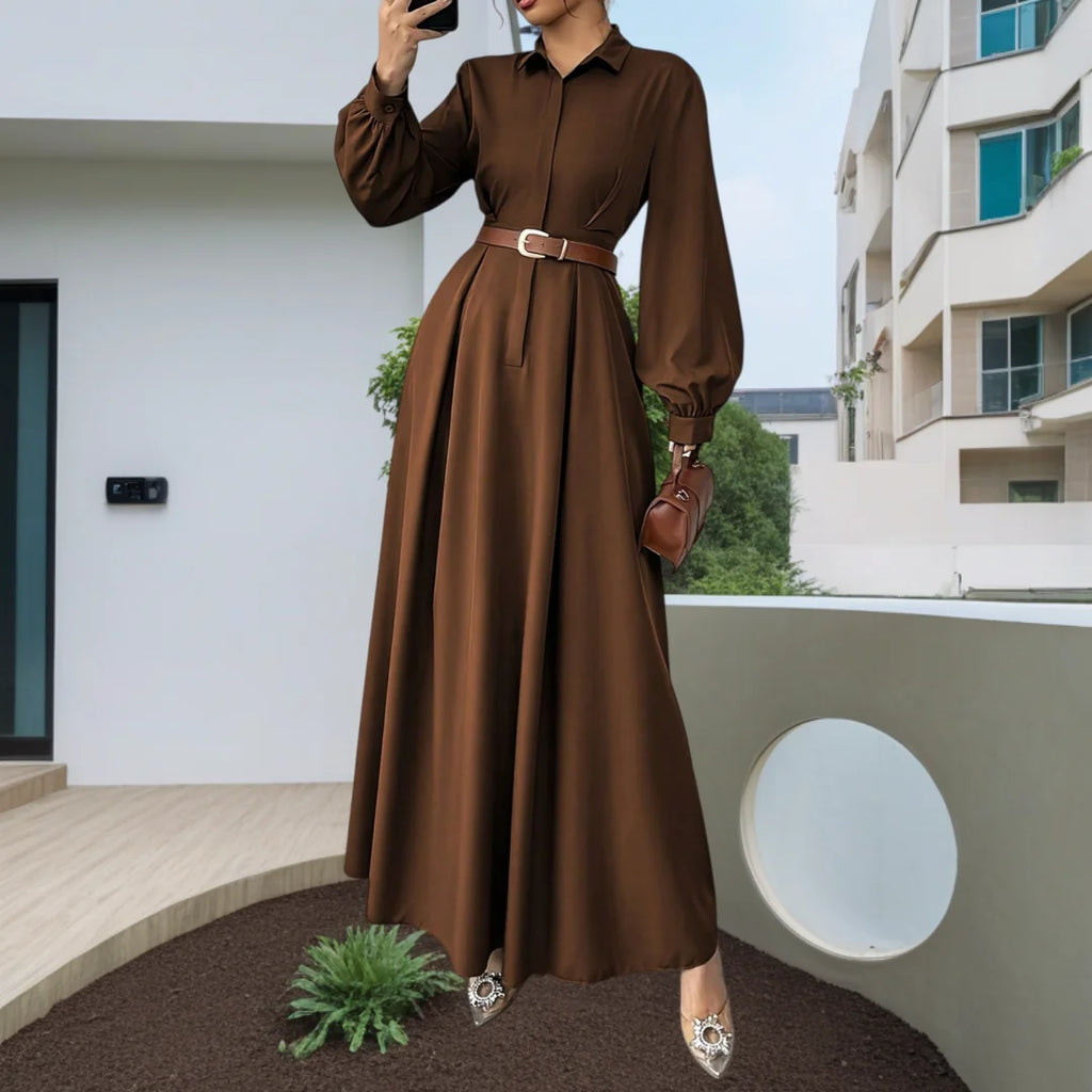 Women's Elegant Long Lantern Sleeve Office Dress Fashion Pleated A-Line Maxi Dresses Autumn 2025 Casual Long Shirt Vestidos