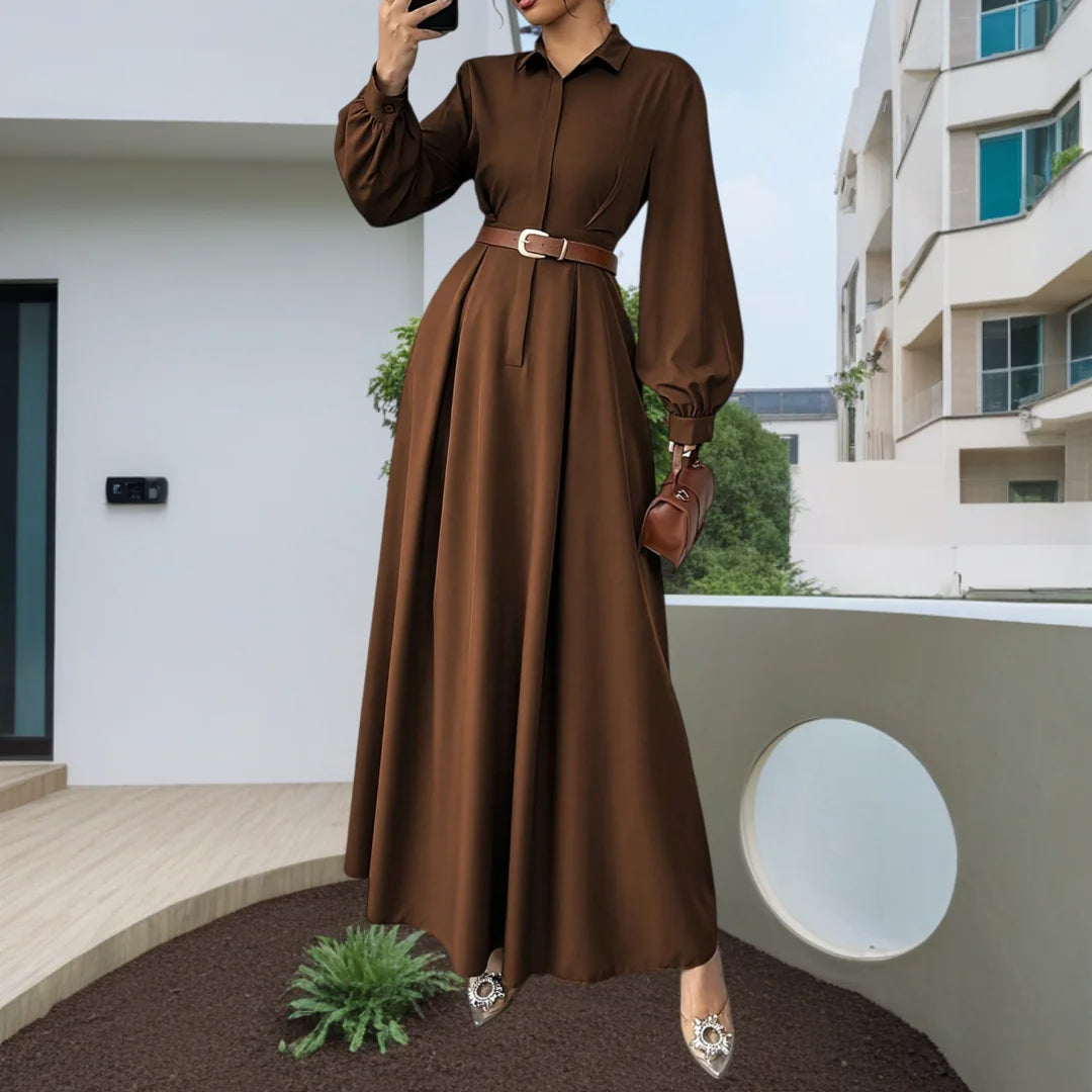 Women's Elegant Long Lantern Sleeve Office Dress Fashion Pleated A-Line Maxi Dresses Autumn 2025 Casual Long Shirt Vestidos