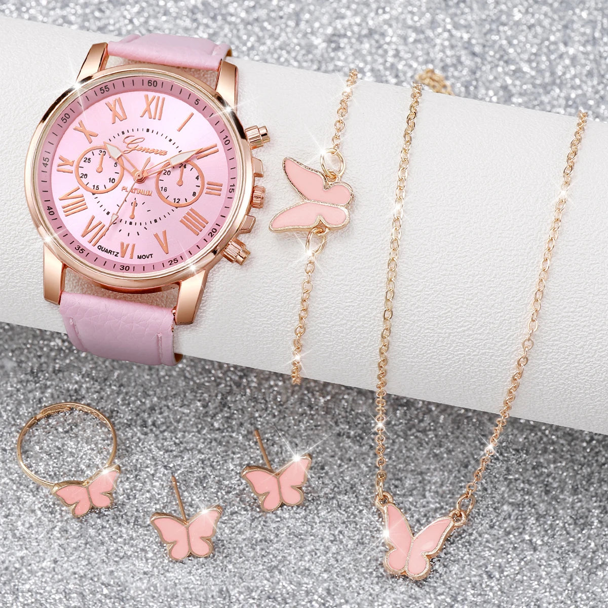 6PCS/Set Fashion Women Watches Simple Roma Dial Leather Band Ladies Quartz Watch Relogio Feminino Jewelry Set（Without Box）