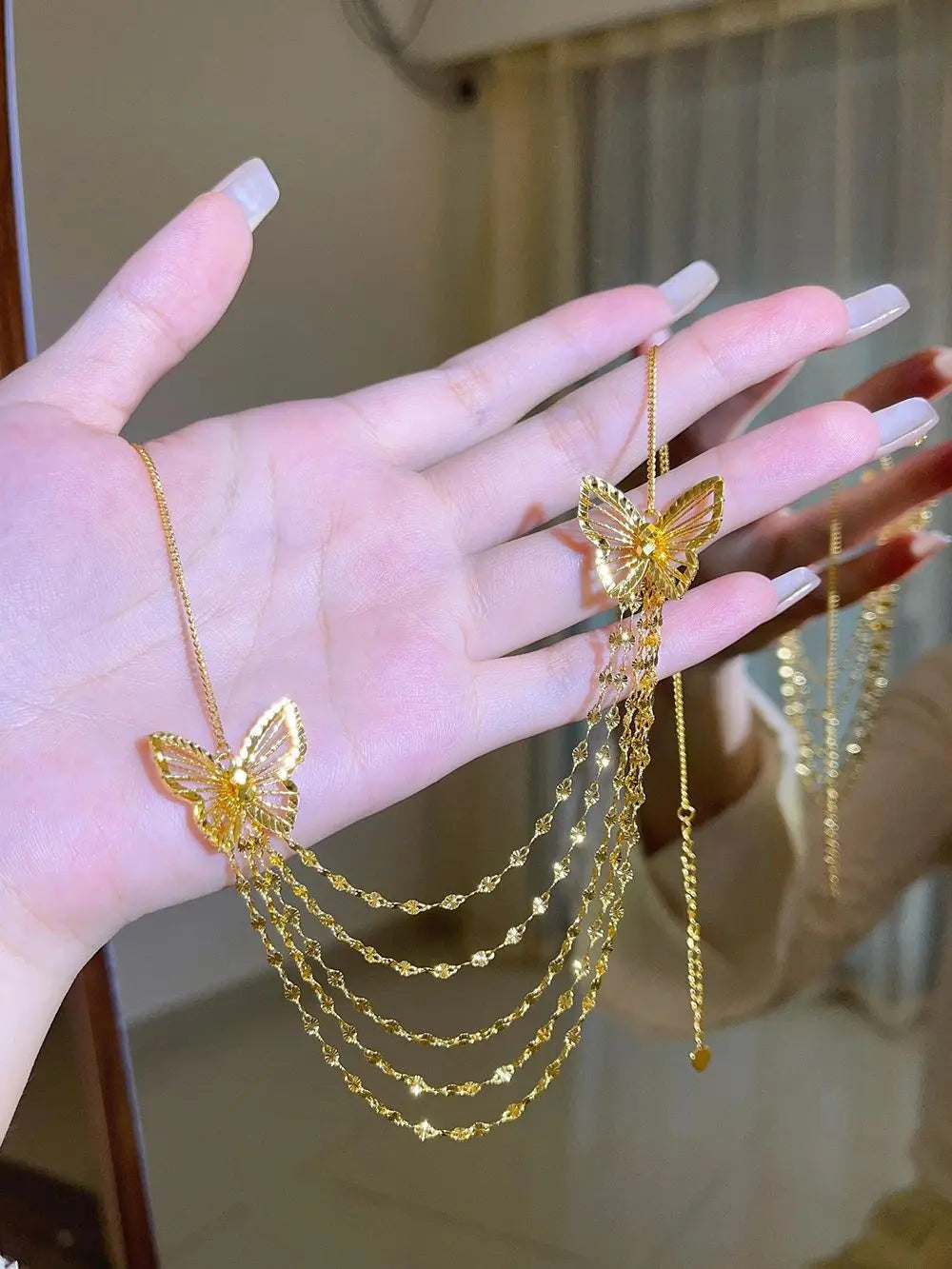 24K real gold hollow butterfly lace tassel necklace for women 9999 light luxury niche fashion high-end collarbone chain