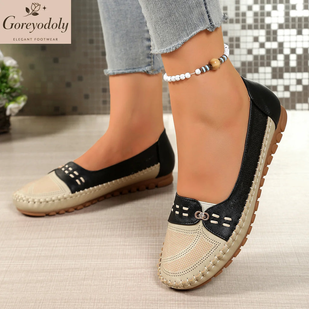 goreyodoly Women Slip On Loafers Wide Fit Comfortable Flats Lightweight Breathable Colorblock Shoes Chain Detail Durable Rubber
