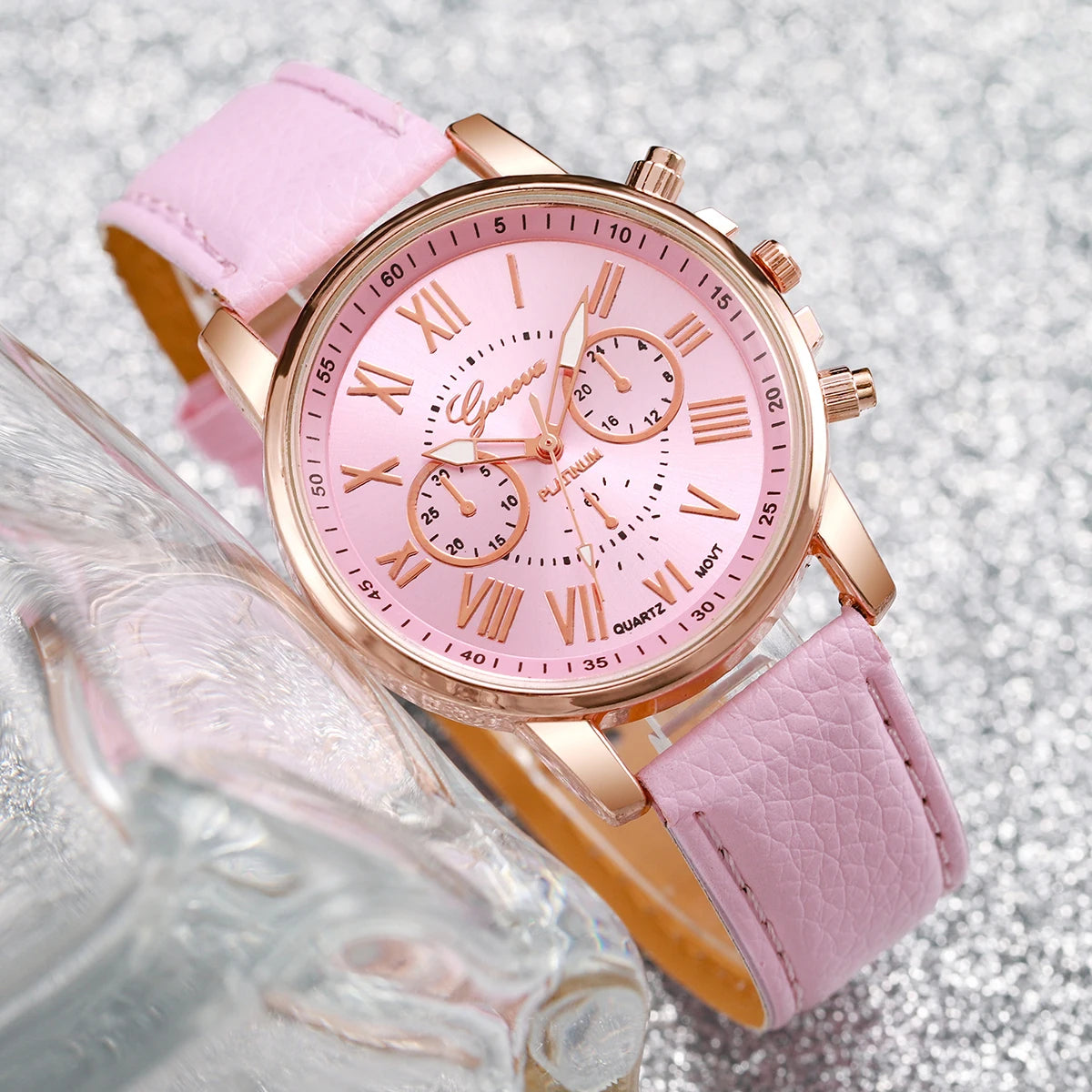 6PCS/Set Fashion Women Watches Simple Roma Dial Leather Band Ladies Quartz Watch Relogio Feminino Jewelry Set（Without Box）