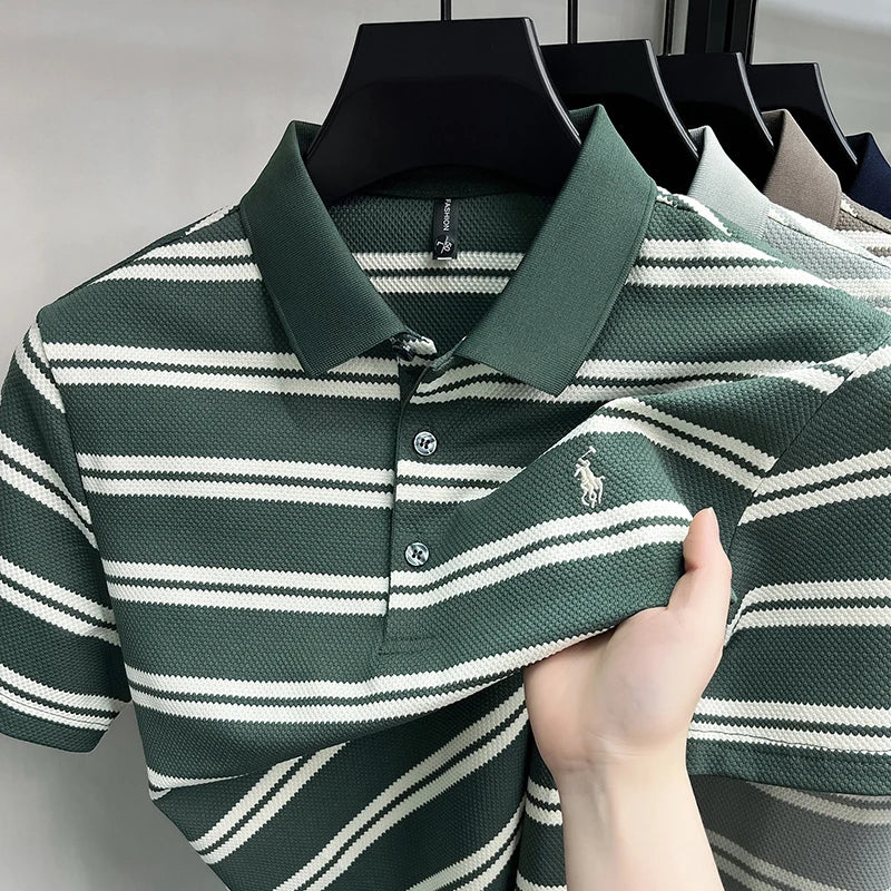 High End Luxury Men's Pure Cotton Short Sleeved Polo Shirt Summer New Embroidered Striped T-shirt Business Casual Breathable Top