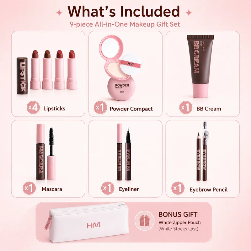 9PCS Makeup Gift Set for Women, All-in-One Lipstick Mascara Eyeliner BB Cream Powder Compact, Travel Beauty Kit for Beginners