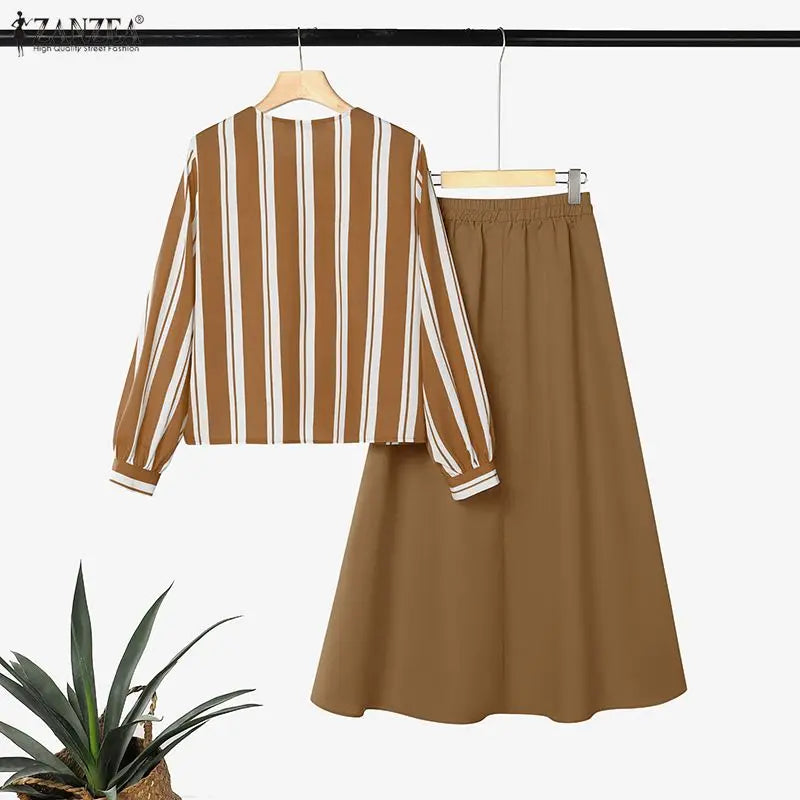 ZANZEA Muslim Islamic Women's 2 Piece Matching Sets Striped O-Neck Shirt & A-Line Maxi Skirt Suits Hijabis Modest Casual Outfits