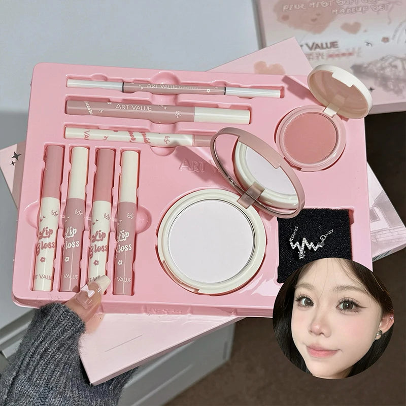 ART VALUE Makeup Set Include 4 Lip Glaze,1 Pressed Powder,1 Blush,1 Eyeliner,1 Eyebrow Pencil,1 Mascara With Necklce Cosmetics