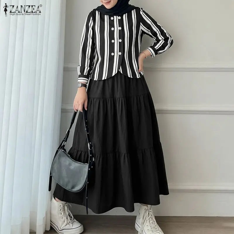 ZANZEA Muslim Islamic Women's 2 Piece Matching Sets Striped O-Neck Shirt & A-Line Maxi Skirt Suits Hijabis Modest Casual Outfits