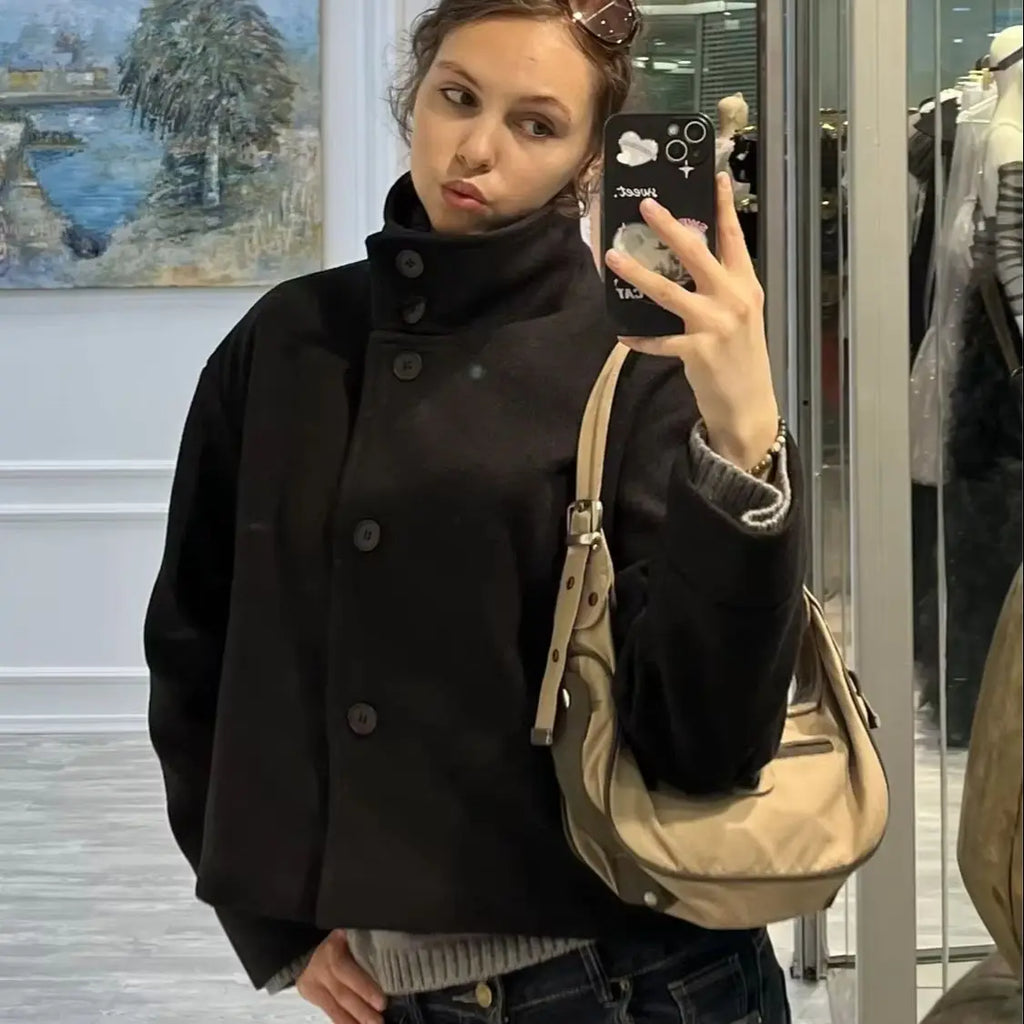 Women's Autumn Winter Stand Collar Woolen Jackets Spring Female Single Breasted Loose Long Sleeve Coats Lady Elegant Short Outwe