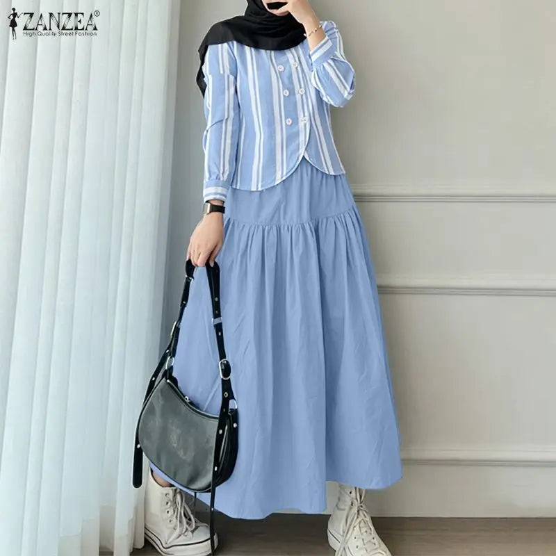 ZANZEA Muslim Islamic Women's 2 Piece Matching Sets Striped O-Neck Shirt & A-Line Maxi Skirt Suits Hijabis Modest Casual Outfits