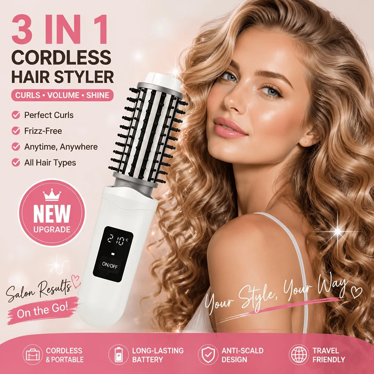 1PC 2600mAh Portable Hair Straightening Comb Dormitory Essential Dual Use Straightening Curling Non-damaging Wireless Negative