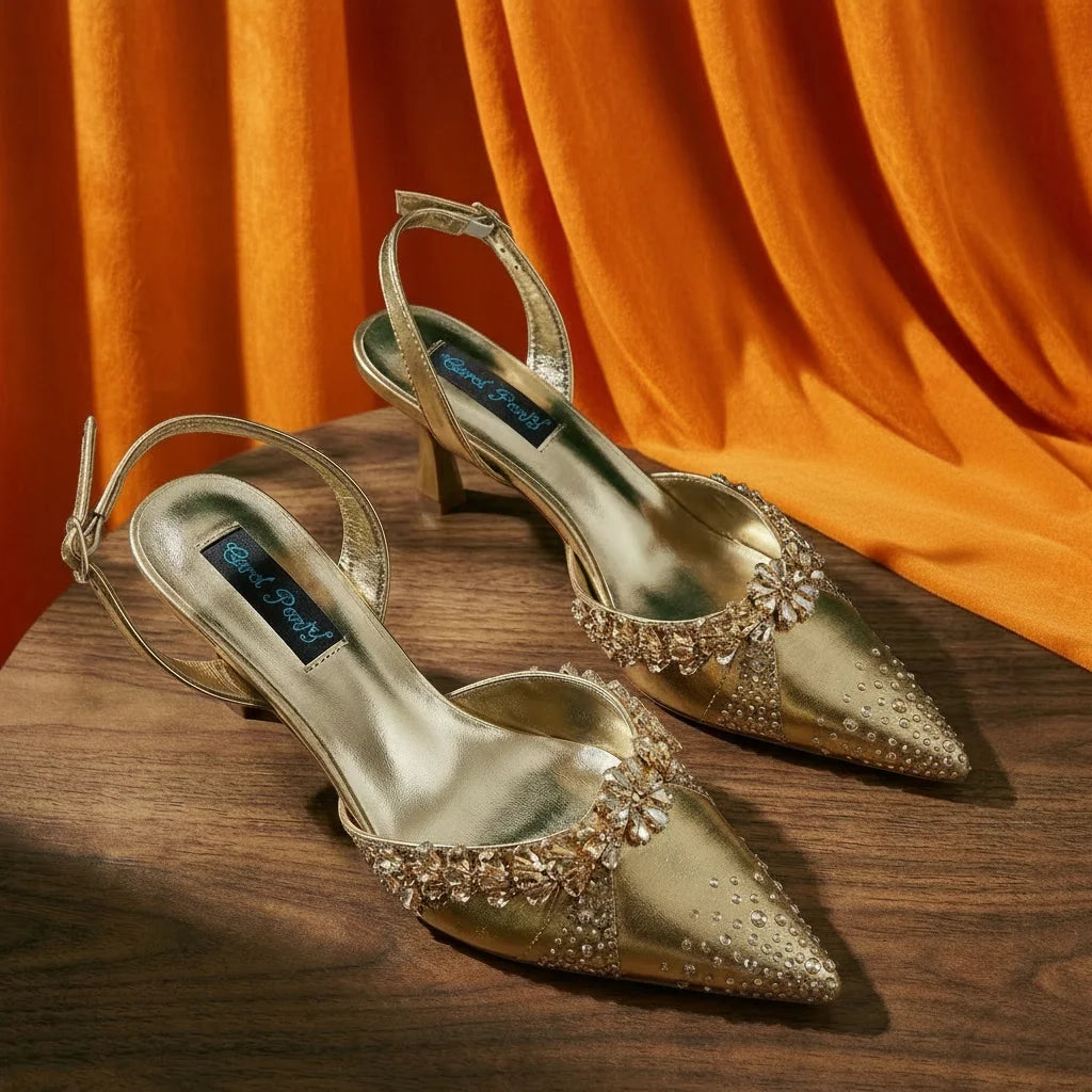 2026 Italian Inspired Gold Rhinestone HAND CRAFTED UPPER Pointed Toe Women High Heels Shoes and Bag Set Elegant Party Shoes