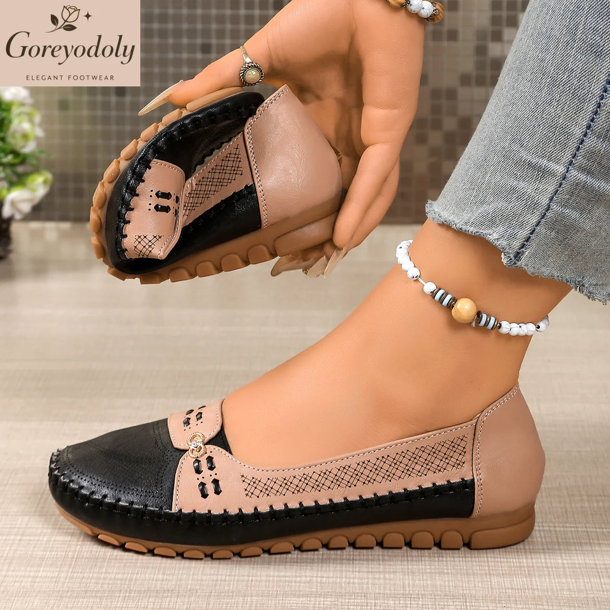 goreyodoly Women Slip On Loafers Wide Fit Comfortable Flats Lightweight Breathable Colorblock Shoes Chain Detail Durable Rubber