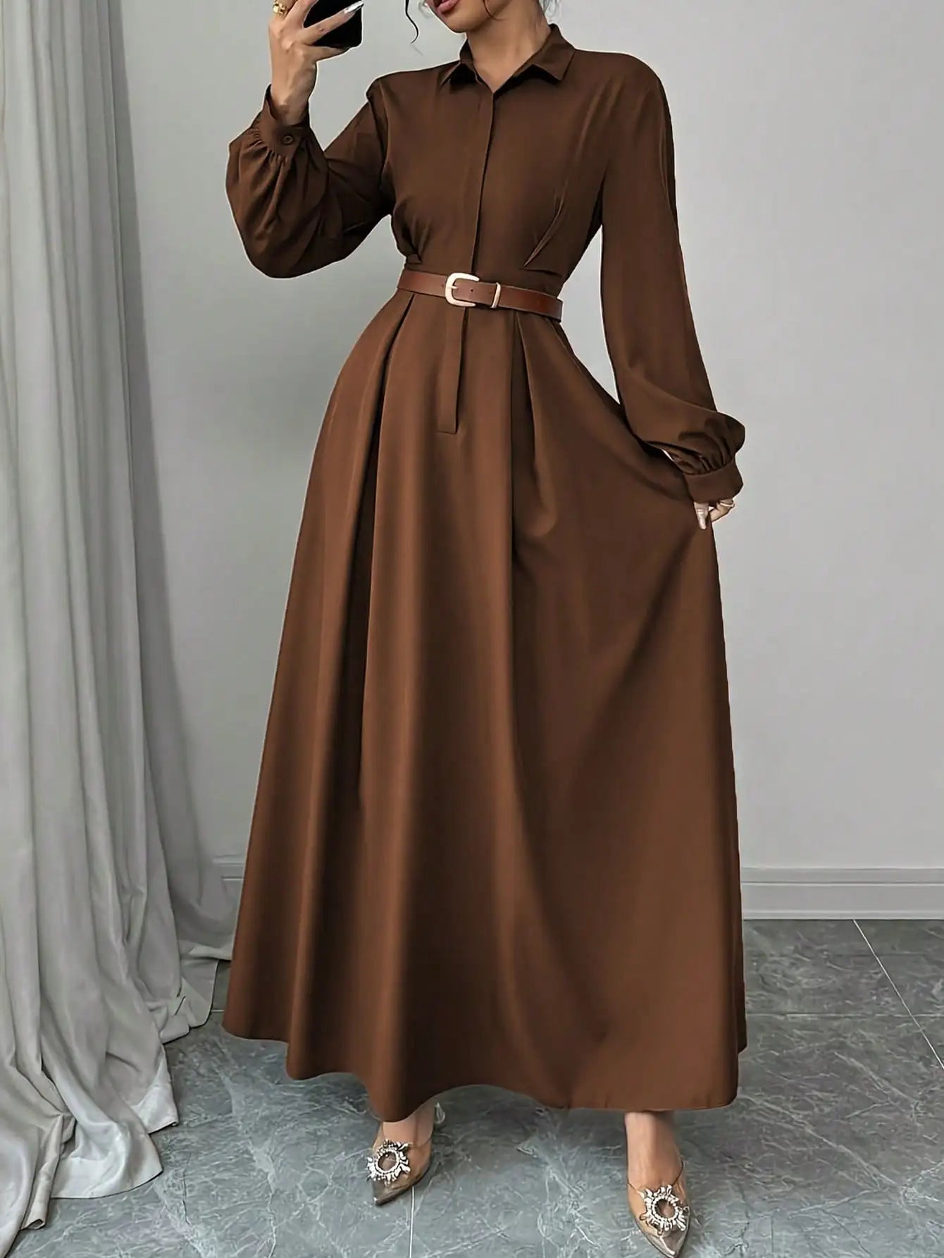 Women's Elegant Long Lantern Sleeve Office Dress Fashion Pleated A-Line Maxi Dresses Autumn 2025 Casual Long Shirt Vestidos