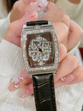Fashionable Elegant Wine Barrel Shaped Ladies' Watch With Transparent Back & Rhinestone Detail Quartz Movement Watch, Rotatable