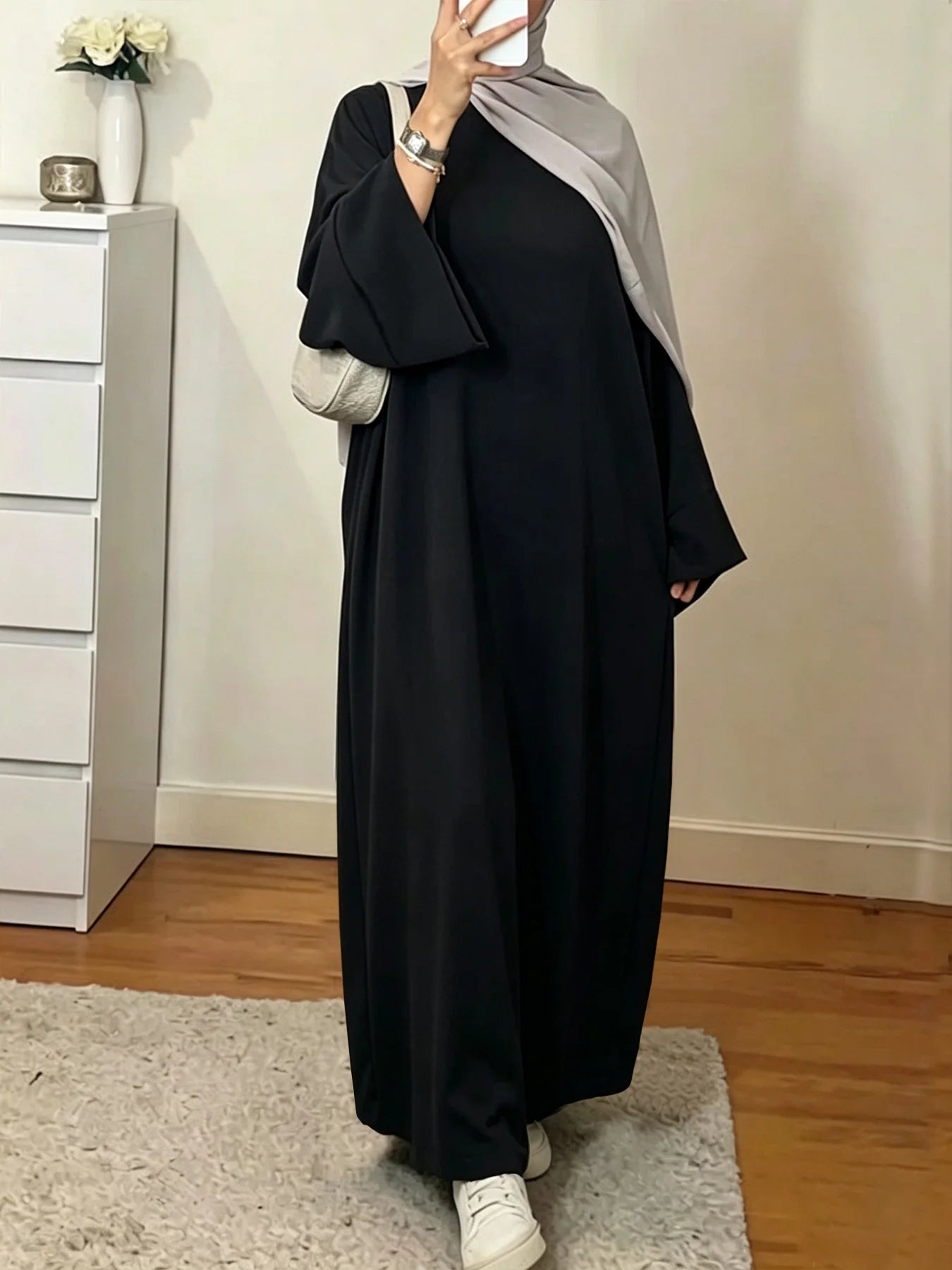 Muslim Abaya Dress for Women Solid Color Loose Long Sleeve Maxi Dress Casual Islamic Kaftan Modest Prayer Robe