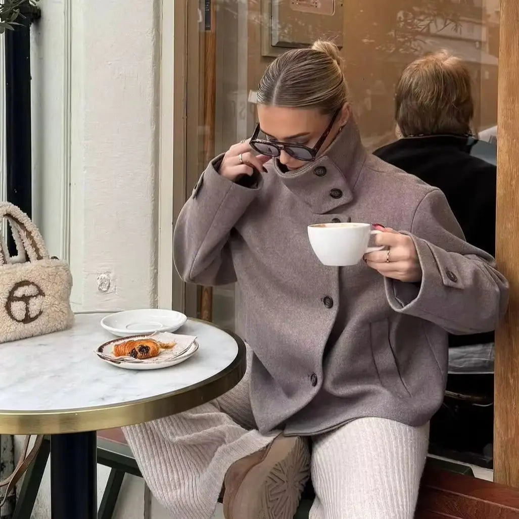 Women's Autumn Winter Stand Collar Woolen Jackets Spring Female Single Breasted Loose Long Sleeve Coats Lady Elegant Short Outwe