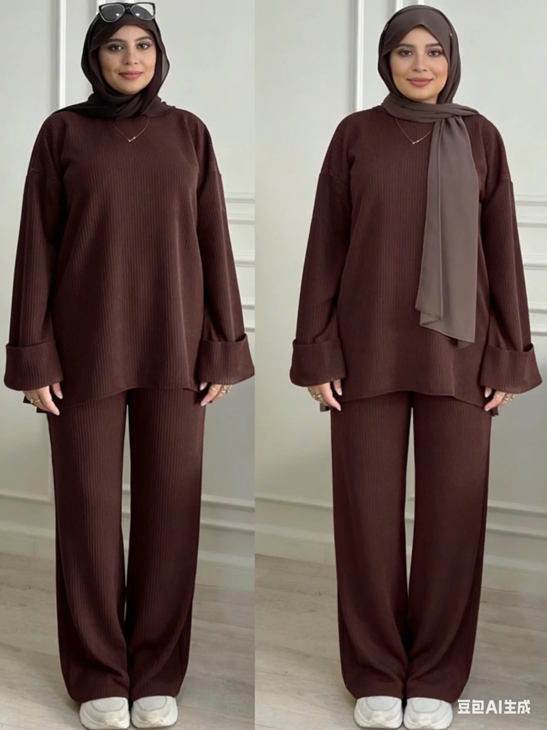 Modest Clothing Women Brown Loose Fit Tunic Top and Pants Set Vertical Stripe Knitted Suit Muslim Fashion