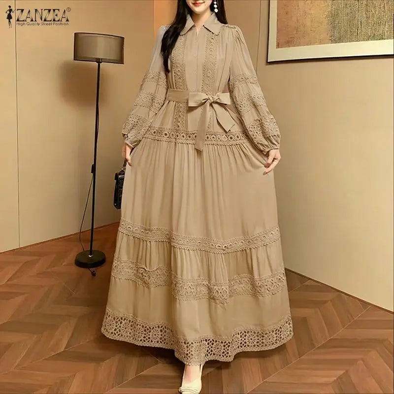 ZANZEA Fashion Women Dress Lace Patchwork A-line Long Maxi Dresses Solid Streetwear Belt Vestidos Turn-down Collar OL Sundress