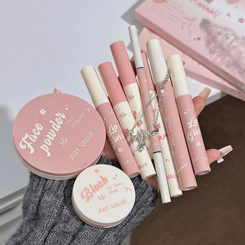 ART VALUE Makeup Set Include 4 Lip Glaze,1 Pressed Powder,1 Blush,1 Eyeliner,1 Eyebrow Pencil,1 Mascara With Necklce Cosmetics