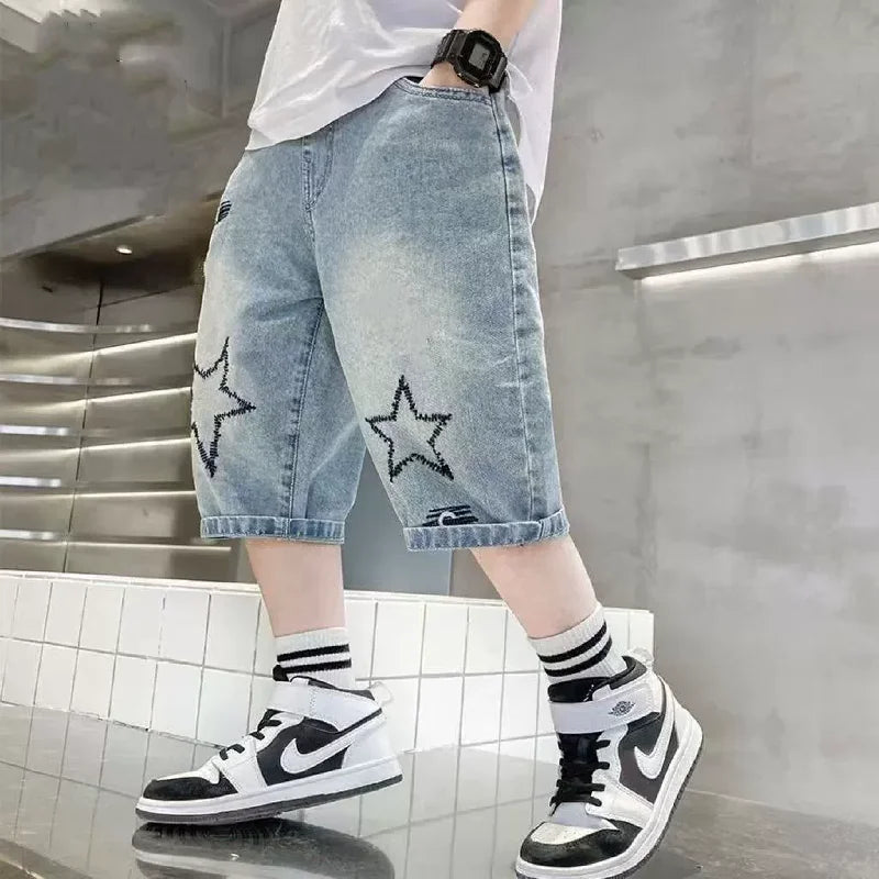 Boys Straight Denim Shorts Summer Children Casual Wide-leg Knee Length Pants Teenage Jean Short Trousers Kids Clothing 5-14 Year