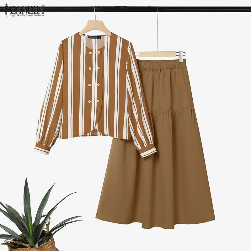 ZANZEA Muslim Islamic Women's 2 Piece Matching Sets Striped O-Neck Shirt & A-Line Maxi Skirt Suits Hijabis Modest Casual Outfits