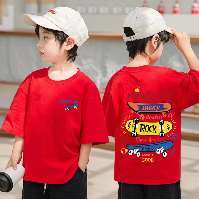 Skateboard pattern design children's top summer short sleeved cotton casual comfortable top