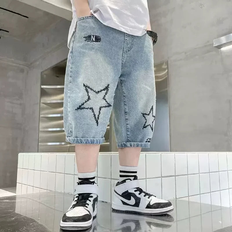 Boys Straight Denim Shorts Summer Children Casual Wide-leg Knee Length Pants Teenage Jean Short Trousers Kids Clothing 5-14 Year