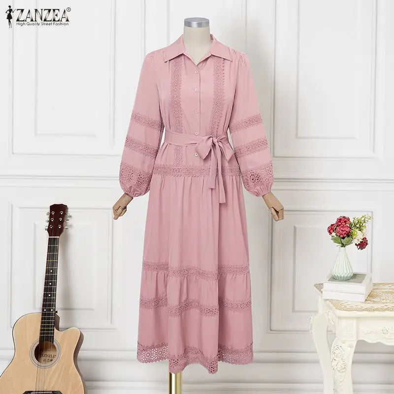 ZANZEA Fashion Women Dress Lace Patchwork A-line Long Maxi Dresses Solid Streetwear Belt Vestidos Turn-down Collar OL Sundress