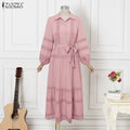 ZANZEA Fashion Women Dress Lace Patchwork A-line Long Maxi Dresses Solid Streetwear Belt Vestidos Turn-down Collar OL Sundress