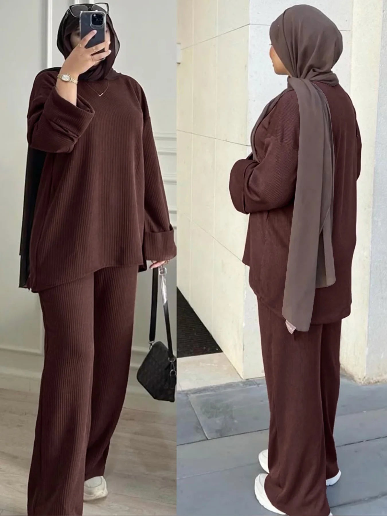 Modest Clothing Women Brown Loose Fit Tunic Top and Pants Set Vertical Stripe Knitted Suit Muslim Fashion