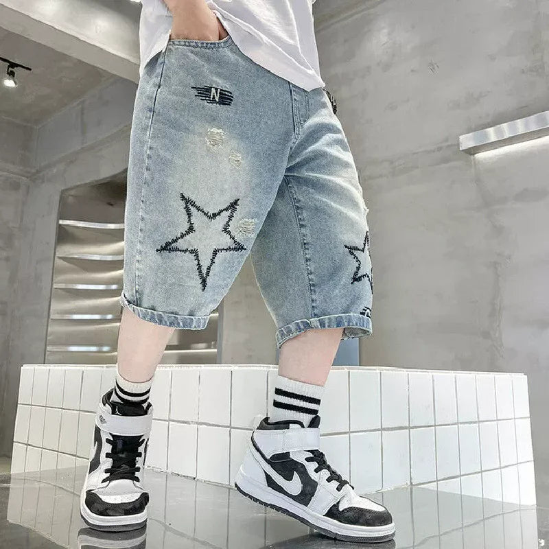 Boys Straight Denim Shorts Summer Children Casual Wide-leg Knee Length Pants Teenage Jean Short Trousers Kids Clothing 5-14 Year
