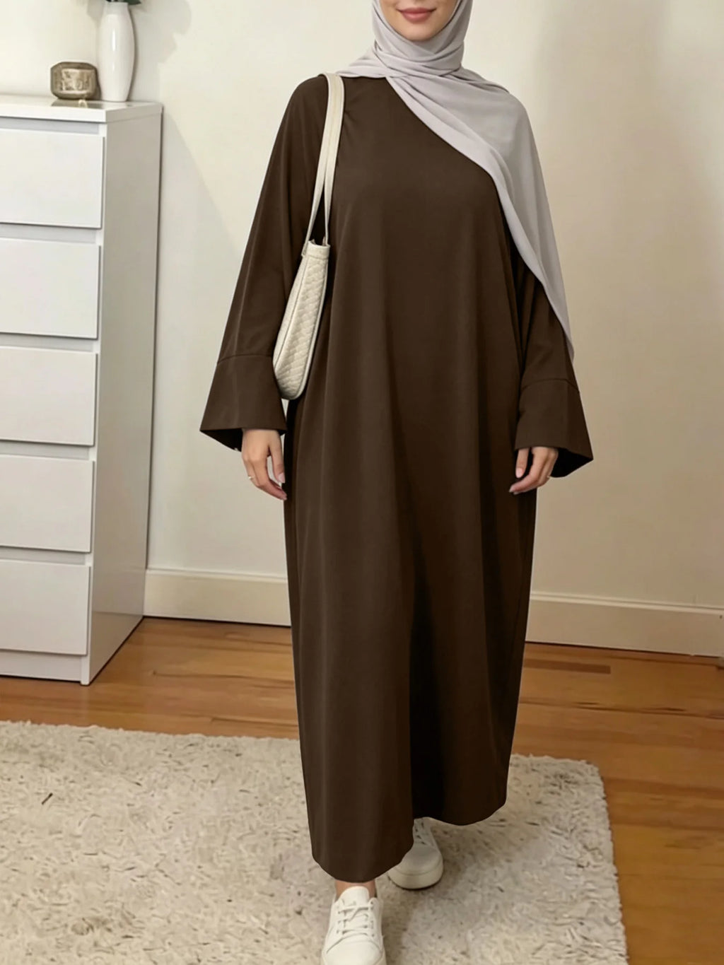 Muslim Abaya Dress for Women Solid Color Loose Long Sleeve Maxi Dress Casual Islamic Kaftan Modest Prayer Robe