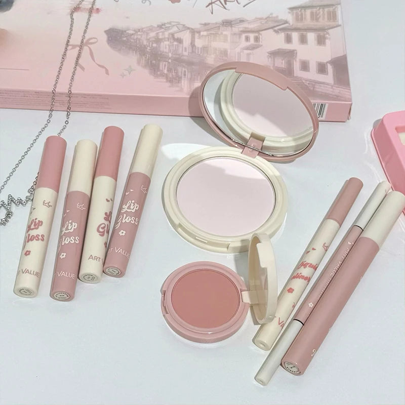 ART VALUE Makeup Set Include 4 Lip Glaze,1 Pressed Powder,1 Blush,1 Eyeliner,1 Eyebrow Pencil,1 Mascara With Necklce Cosmetics