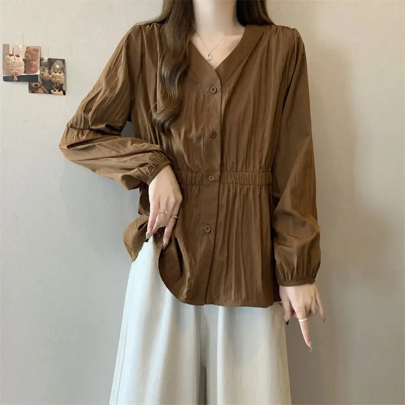 200 Pounds Plus Size Elastic Waist Office Lady Trend Shirt And Blouse Solid Color Top Women Clothing V-neck French Chic Basics