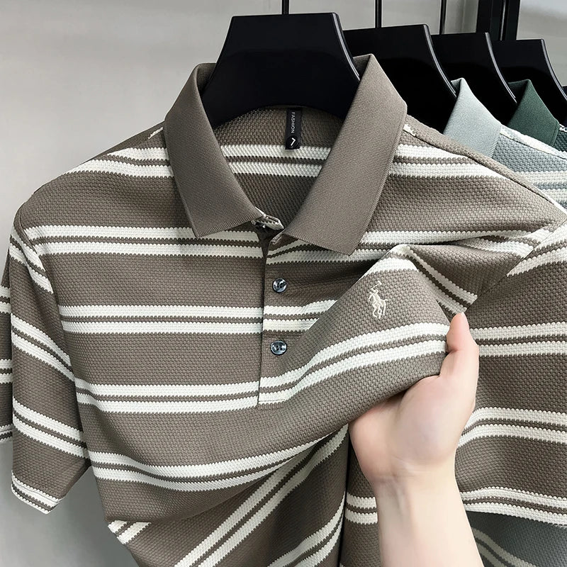 High End Luxury Men's Pure Cotton Short Sleeved Polo Shirt Summer New Embroidered Striped T-shirt Business Casual Breathable Top