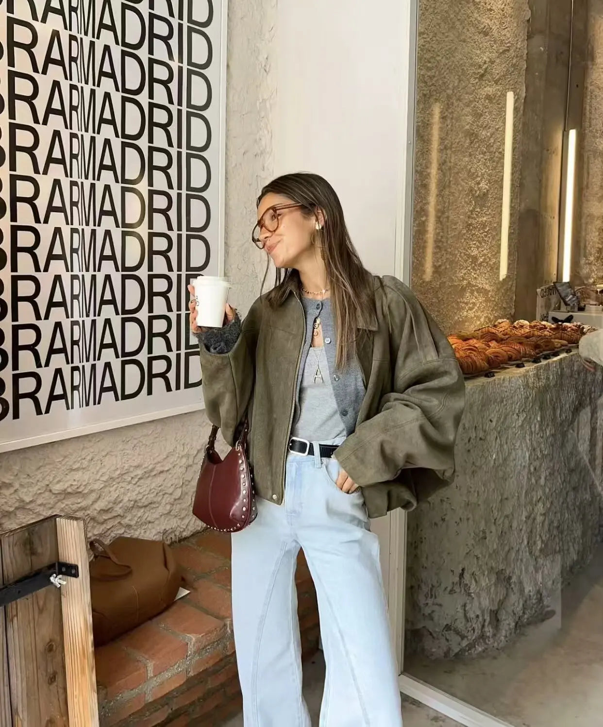 Women Bomber Jackets Suede Texture Coats Fashion Turn-down Collar Long Sleeve Loose Vintage Female Outerwear Chic Top Streetwear
